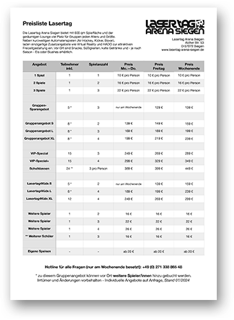 Preisliste Gruppenangebote